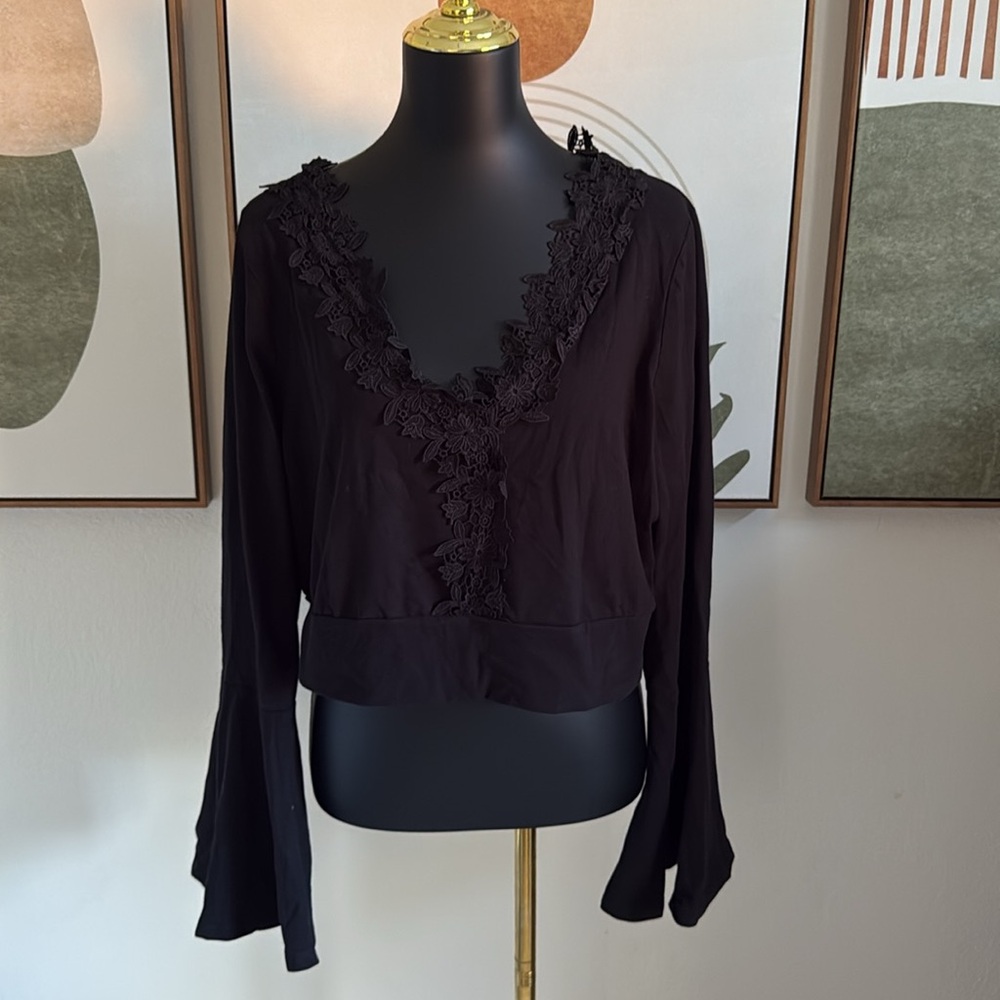 ✨ Black Floral Crochet Detail Bell Sleeve Blouse